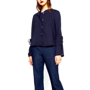 Zara women’s poplin navy blue cotton button down top